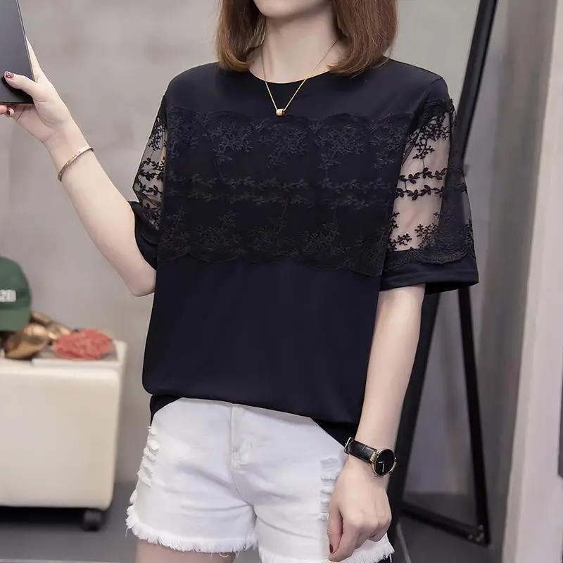 

Elegant O-Neck Solid Color Spliced Lace Hollow Out Blouse Women Clothing 2023 Summer New Oversized Casual Pullovers Sweet Shirt