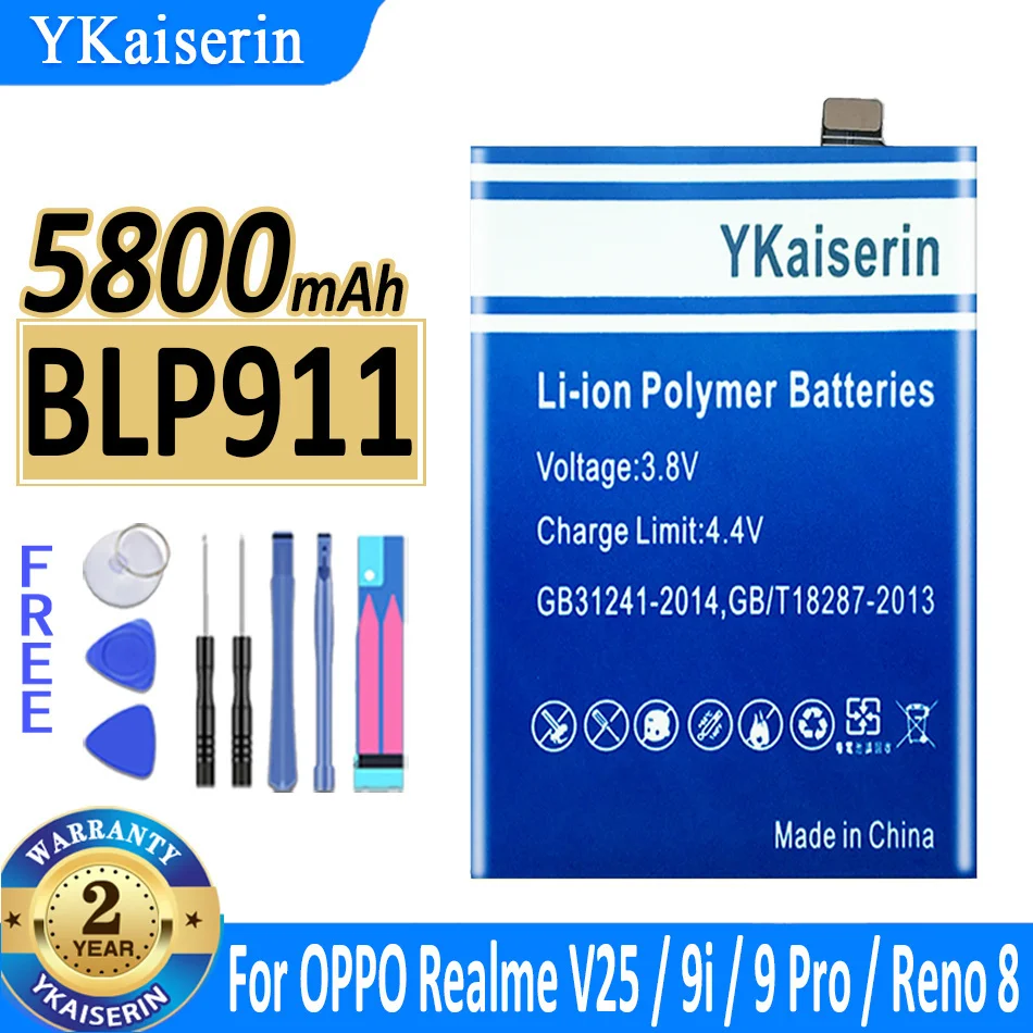 

Аккумулятор ykaisсеребрин 5800 мач BLP911 для OPPO Realme V25 9i 9 Pro 9pro Reno 8 Pro 8pro Bateria