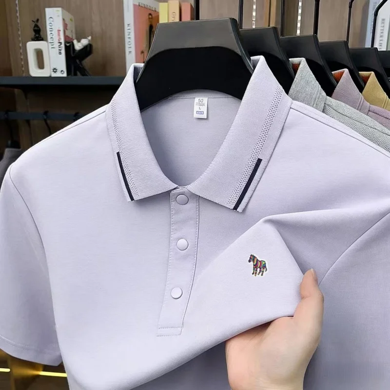 Summer men's collar fashionable high-end embroidered short sleeved polo shirt with ice silk cool lightweight and comfortable top