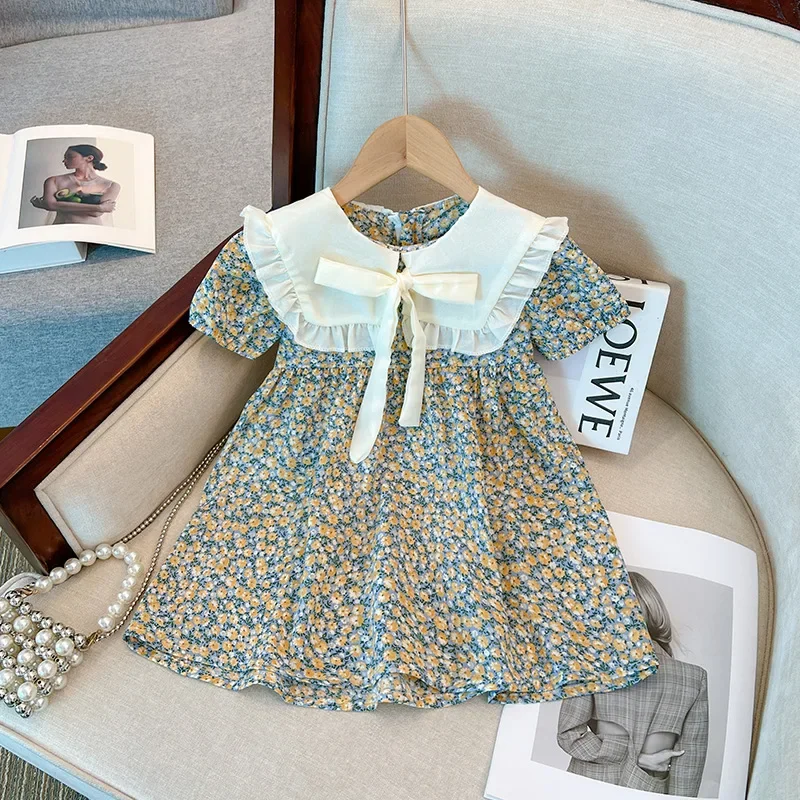 Mädchenkleid mit Blumenmuster und gekerbtem Kragen – Kurzärmeliges Prinzessinnenkleid für Kleinkinder, süßes Sommerparty-Outfit – Detail 2