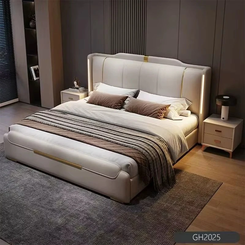Light luxury upholstered queen bed with LED headboard and gold trim, storage bed frame for hotel bedroom furniture