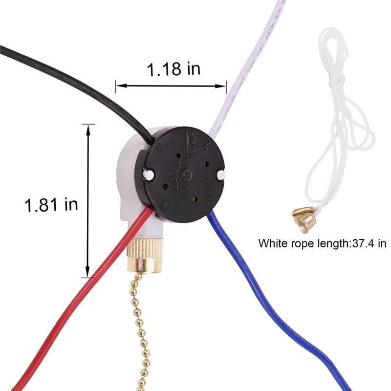 New Ceiling Fan Switch Kit 3 Speed 4 Wire, Fan Switch Zipper Speed Control Switch, ZE-208S Pull Wire Switch with Rope Gold