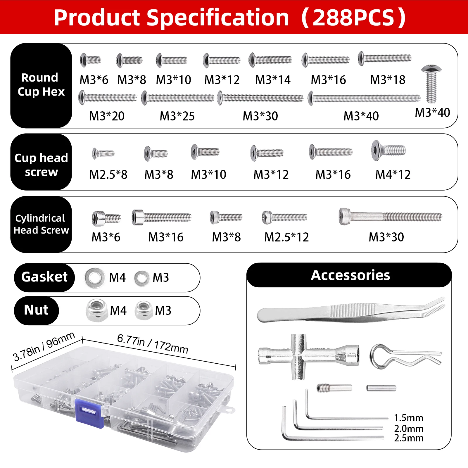 HobbyPark 290PCS RC Screw Kit for 1/10 Traxxas Slash M2.5 M3 M4 Hex Screws Washers Locknuts Body Clips Wheel Pins