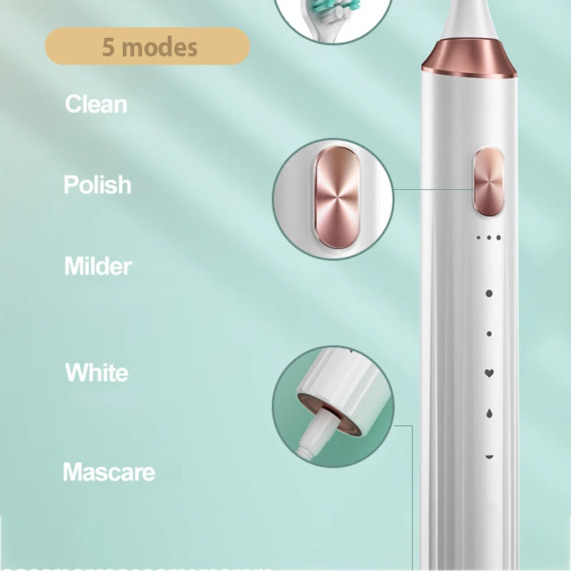 USB 충전식 음파 전동 칫솔 성인용, 5 가지 모드 여행 칫솔, 브러시 헤드 3 개 증정