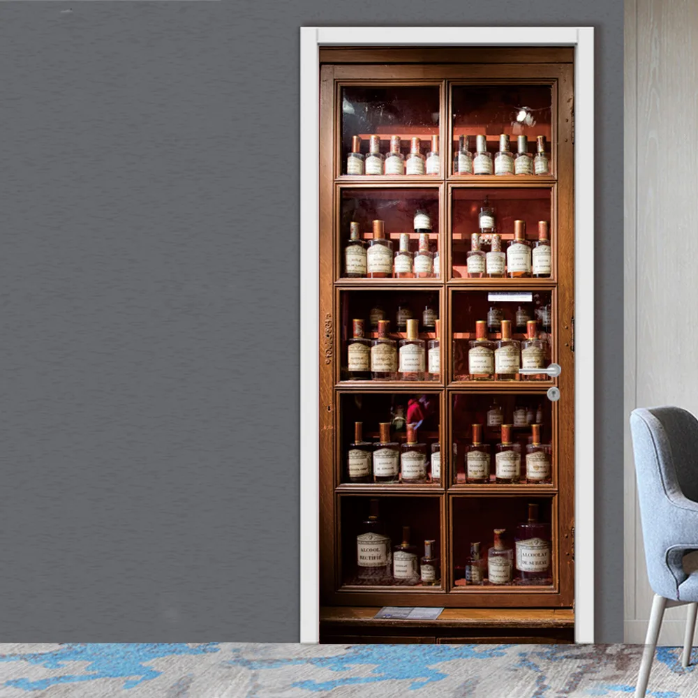 Customized Red Wine Glass Door Sticker Self Adhesive PVC Vintage Bookshelf Book Library Door Stickers Wallpaper Waterproof Decor - view 6