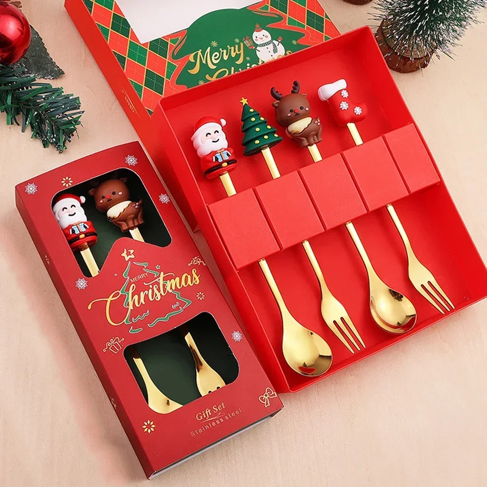 2/4/6Pcs Stainless Steel Creative Tableware Coffee Tea Dessert Forks and Spoons Gift Set Christmas Fork and Spoon Set