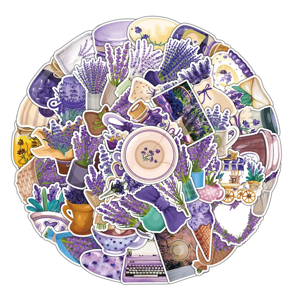 

10/30/50pcs Vintage Purple Lavender Stickers Fresh Style Aesthetic Flower Decals Water Bottle Phone Laptop Cartoon Sticker Pack