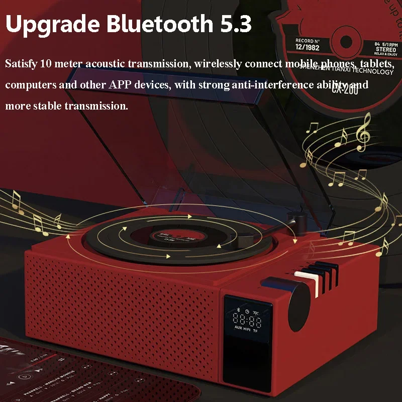 CX-200 alto-falantes portáteis bluetooth sem fio leitor de música relógio subwoofer atmosfera lâmpada retro nostálgico record player alto-falantes