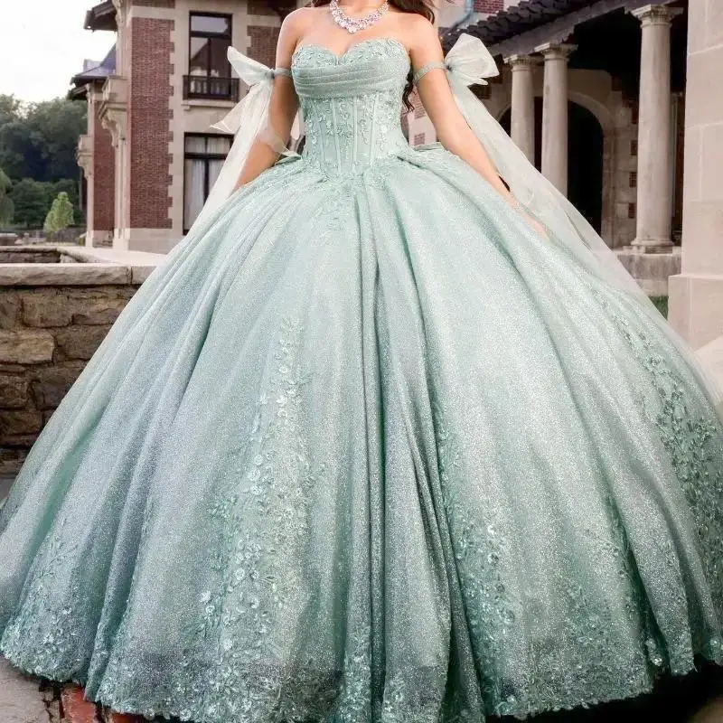 

Luxury Light Mint Green Shiny Quinceanera Dresses Sweetheart Sequin Applique Lace Beads Tull Ball Gown Vestidos De 15 Años XV