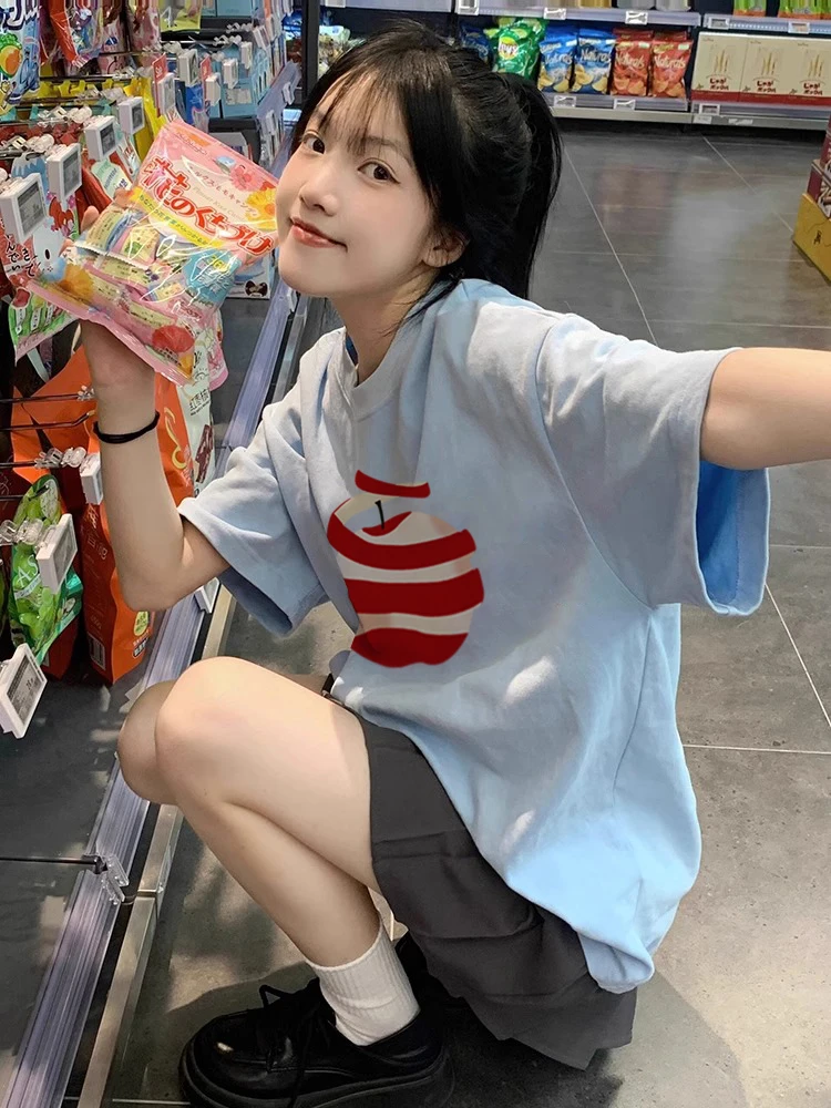 Übergrößen Schwergewichts-T-Shirt aus Reiner Baumwolle für Herren, Locker Geschnitten, Sommerliches Blaues Print-Oberteil für Sommerkleidung