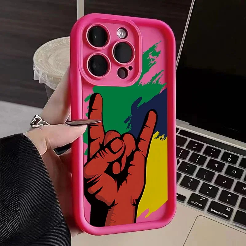 Fashion Cool Rock Gestures Silicone Phone Case For iPhone 15 14 13 12 11 Pro Max XS XR X 7 8 Plus SE Candy Lens Protectiou cover