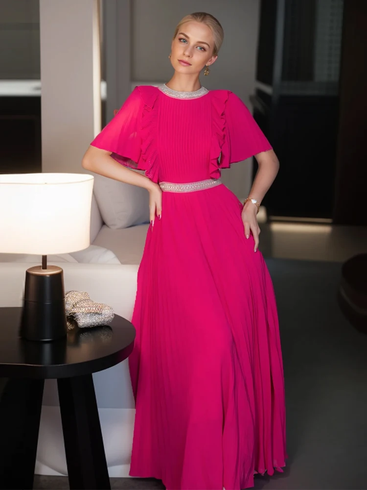 

SEQINYY Elegant Pleated Dress Midi Summer Spring New Fashion Design Women Runway Flare Sleeve Beading High Street Ruffles