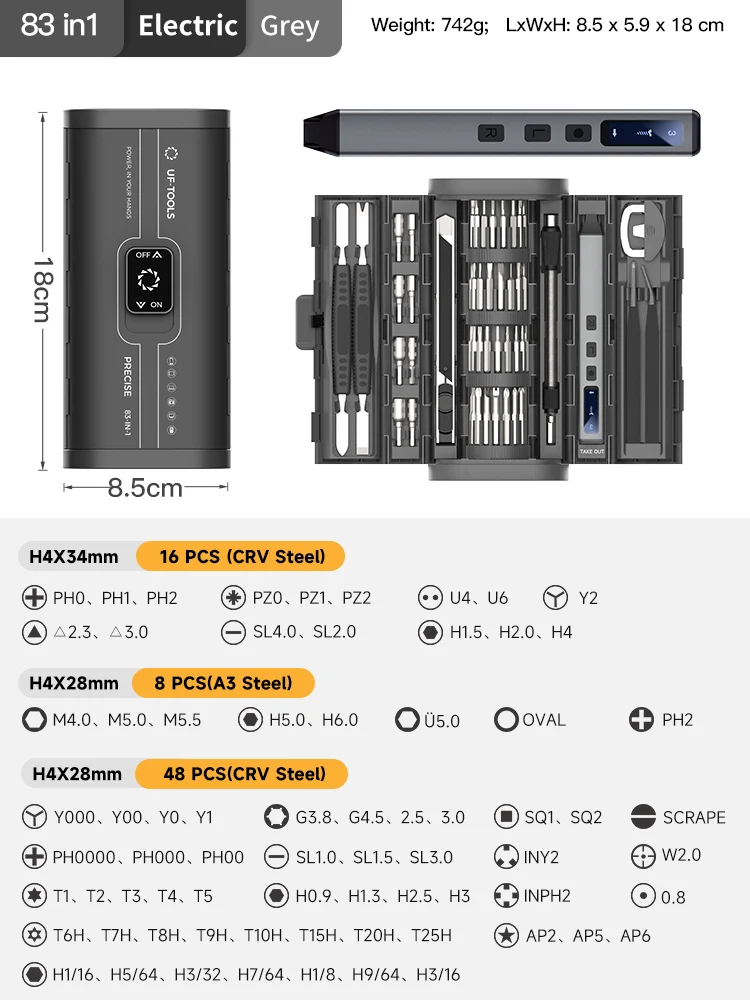 83-delige precisie elektrische schroevendraaierset, draadloos, USB-oplaadbaar, 4-traps koppelinstelbaar, reparatieset met LED-displaylicht