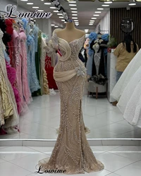 New Fashion Champagne Evening Dresses With Crystals Mermaid Elegant Prom Party Dresses With Side Slit Robes De Soirée Customized