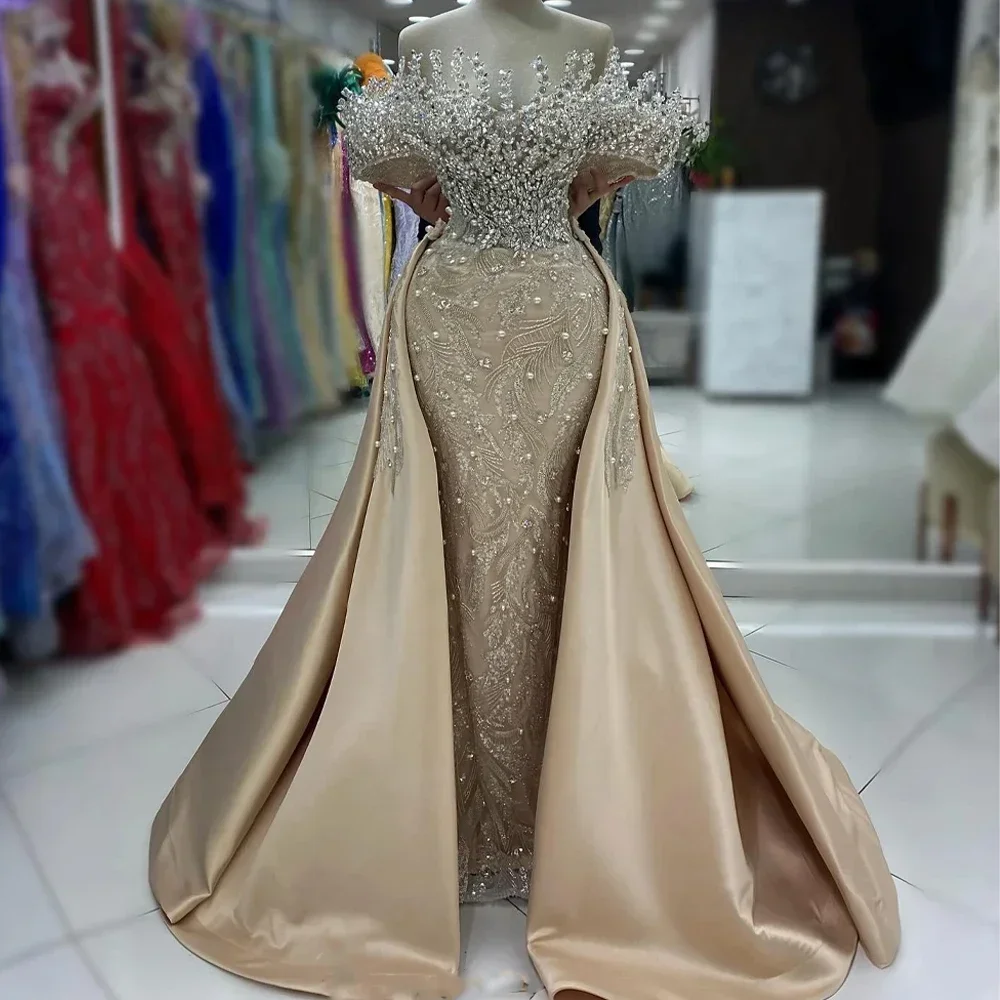 Customized Two Pieces Champagne Celebrity Dresses with Detachable Train Off Shoulder Crystals Evening Dress Party Exquisite Gown