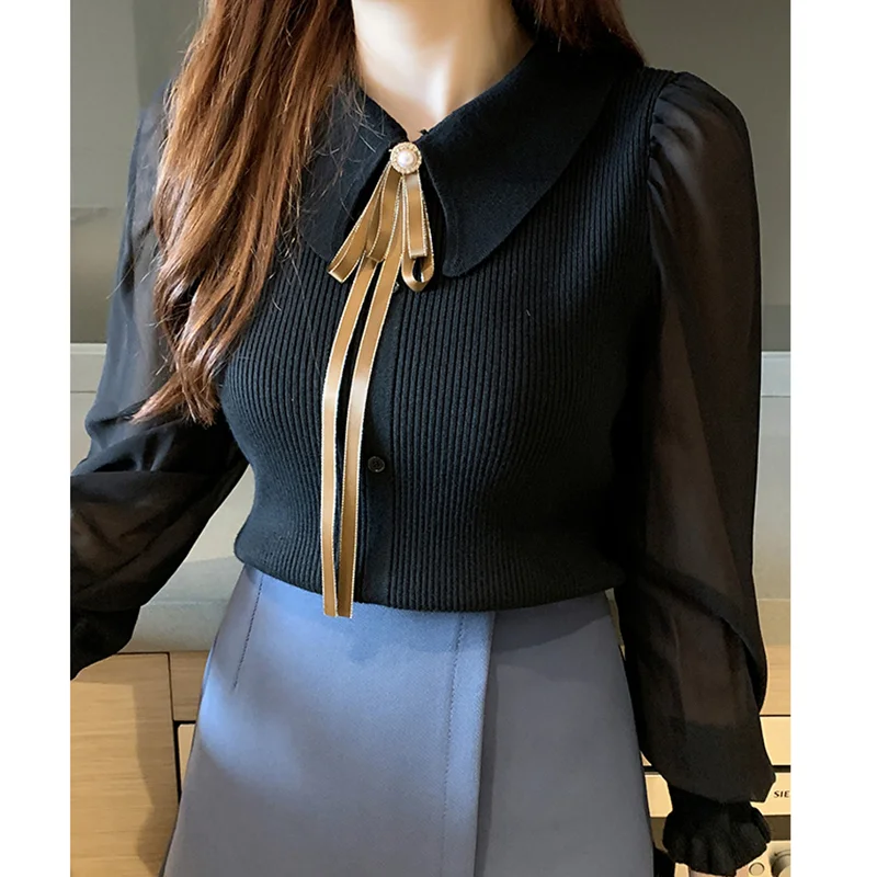 ITOOLIN Autumn Women Chiffon Patchwork Sweater Lantern Sleeve Turn-down Collar Button Pullover Women Office Lady Sweater Winter