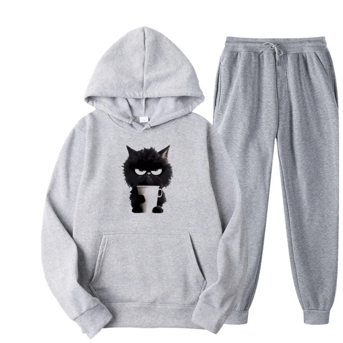 

Мужская осенне-зимняя толстовка из 100% чистого хлопка с индивидуальным модным принтом кота, модная повседневная свободная толстовка с капюшоном, комплект