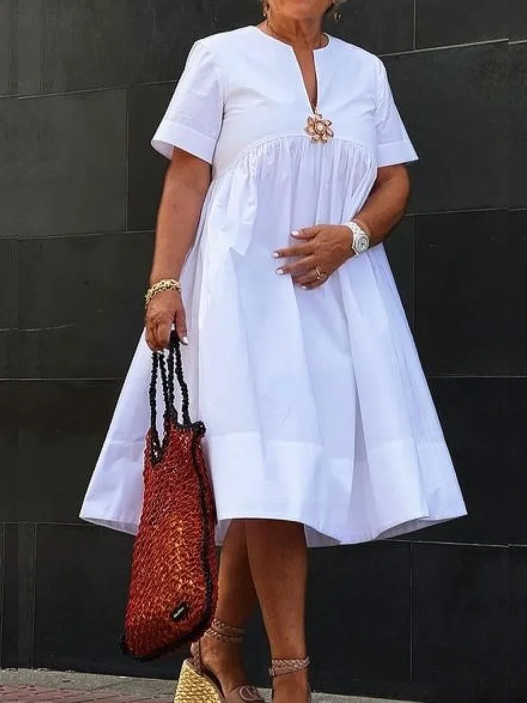 Modigirl Women Midi Shirts Dress 2025 Summer Short Sleeves Black and White Polka Dot Daily Casual Simple Female A-line Dresses image 2