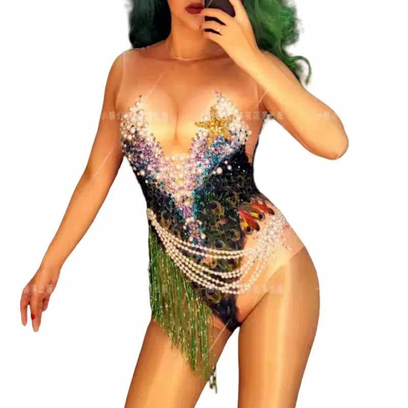 

Sexy Peacock Pattern Printed Bodysuit Crystals Pearls Tassel Leotard Bar DJ Women Singer Stage Wear Party Pole Dancing Costume