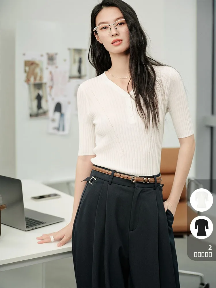 

Женский модный вязаный свитер MeiYang из шелкового вискозного трикотажа с V-образным вырезом, декорированный пуговицами, с линией декора в форме полумесяца, приталенный, с коротким рукавом, для повседневной носки