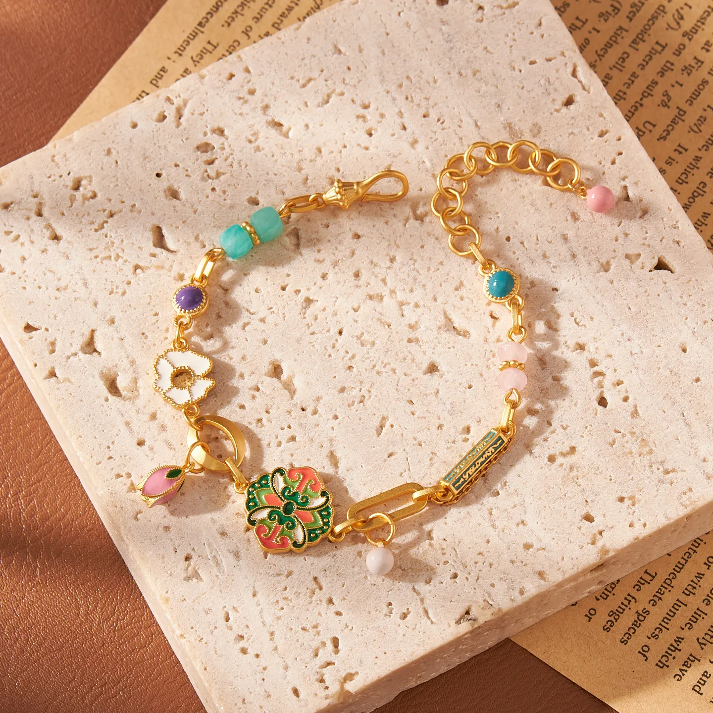 Vintage Fresh Color Enamel Tulip Amazonite Bracelet Delicate Niche Elegant Women Fashion Wrist Jewelry