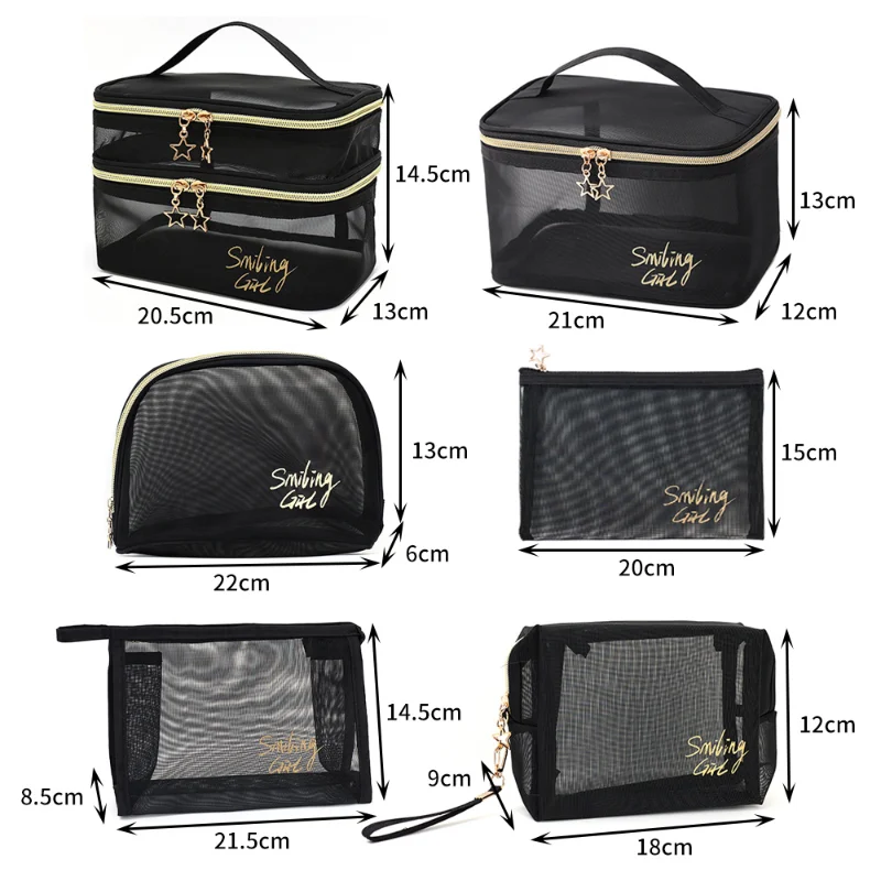 Casual Zipper Toiletry Wash Bags Simple Black Mesh Makeup Case Organizer Storage Pouch Make Up Women Travel Cosmetic Bag Package