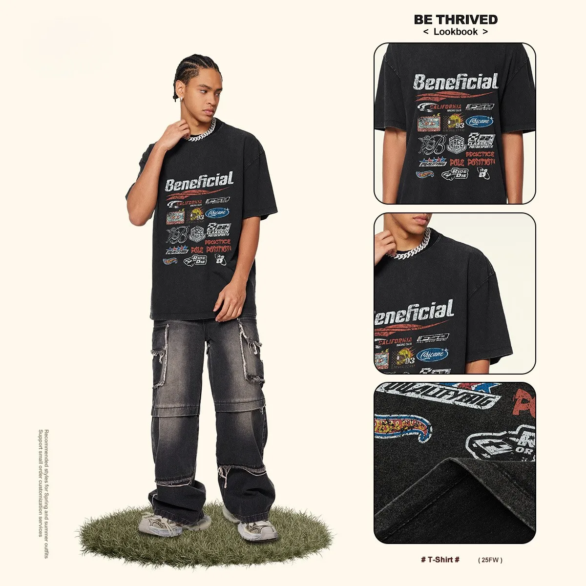 man clothes 270G Cotton Vintage Washed Beneficial Graphic T-Shirt Retro California Casual