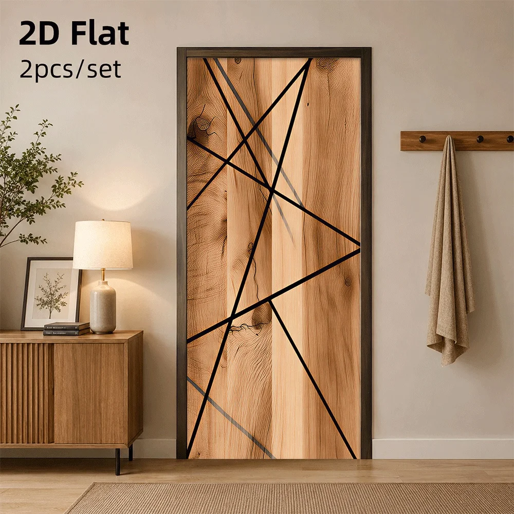 1 piece of modern geometric line wood grain door sticker, living room bedroom decoration sticker, simple artistic style 2D plan