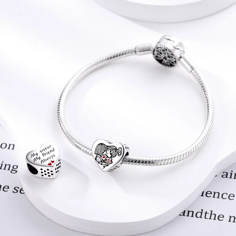 شقيقة جيدة على شكل قلب الخرز 925 فضة الخرز الأصلي صالح الأصلي 925 سحر خرز سوار مجوهرات هدايا للنساء