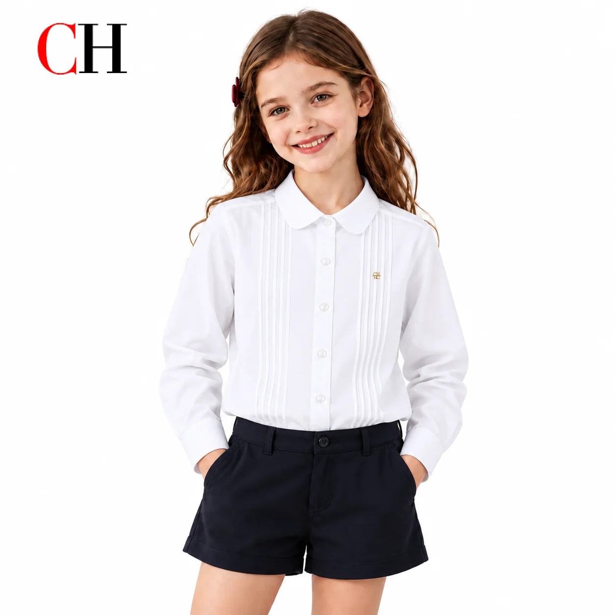 CHChildren Button Down Shirt Long Sleeve Round Collar Vertical Pleats Breathable Woven Material Small Chest Embroidery Kids Wear
