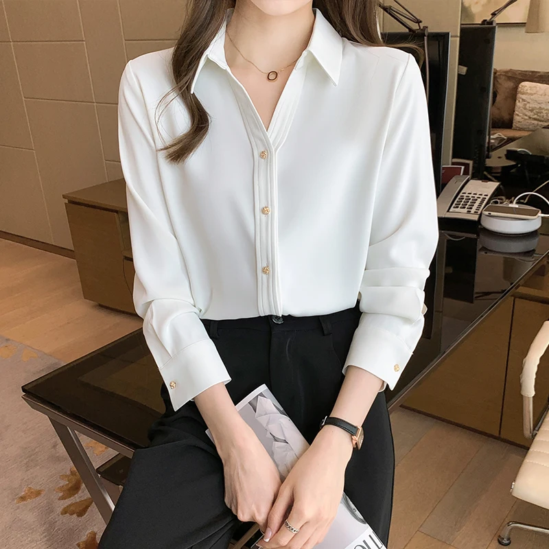 Korean Fashion Women Silk Shirts Satin Blouses Women Long Sleeve Shirts Tops Woman White Shirt Blouse Woman V-neck Ladies Shirt