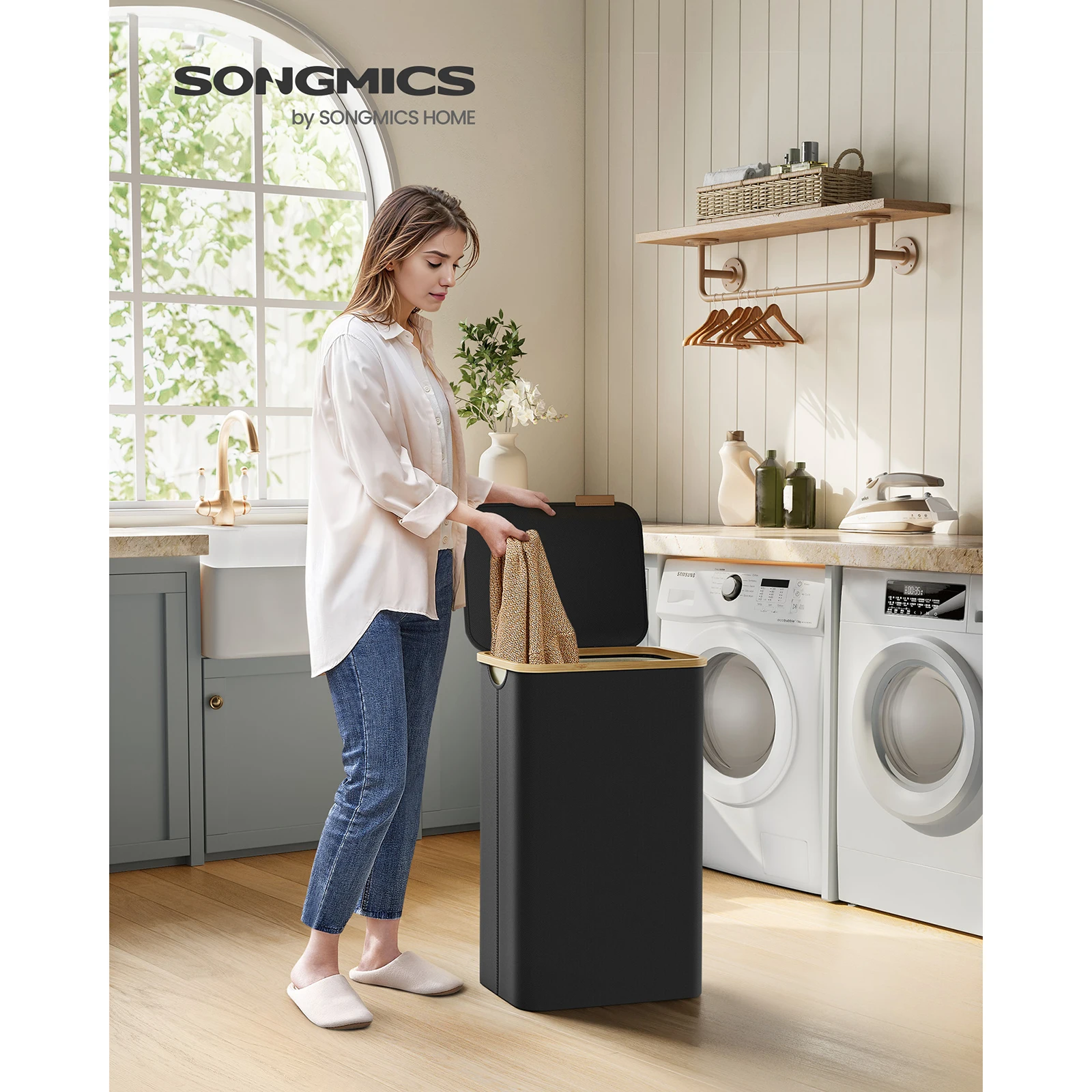 SONGMICS 90L Laundry Basket with Lid, Large Hamper, Removable Mesh Liner, Oxford Fabric, Bamboo Handles,Collapsible,42x32x70.5cm