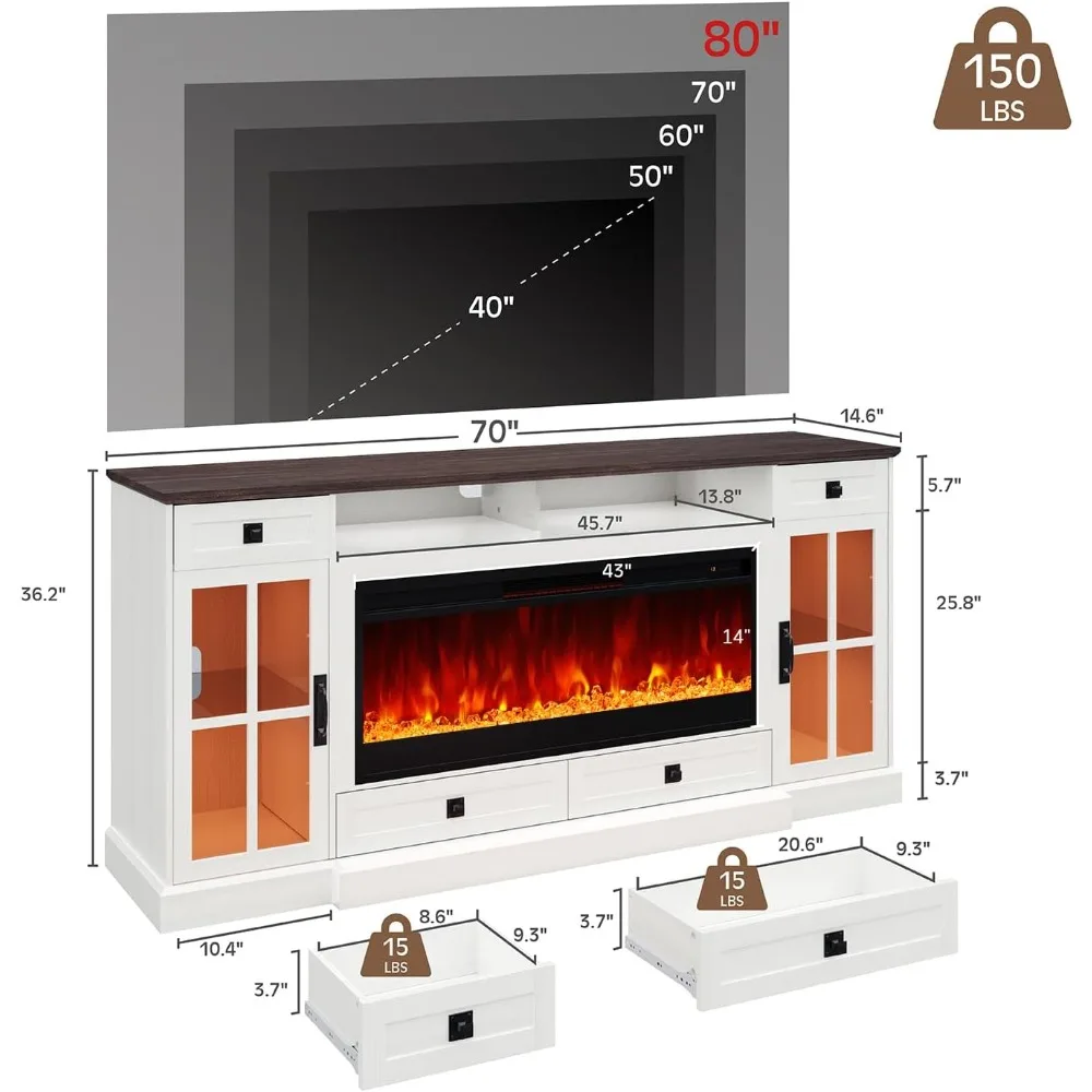 Farmhouse Fireplace TV Cabinet, Suitable for Up To 80 Inches, with Illuminated Glass Door Cabinet/drawers/adjustable Shelves