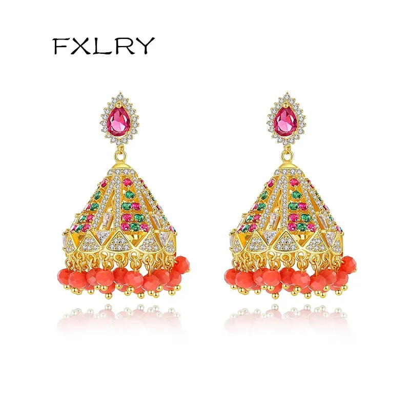 

FXLRY Gorgeous Colorful Vintage Ethnic Drop Earrings for Women CZ Fashion Tassel Wedding Jewelry Wedding