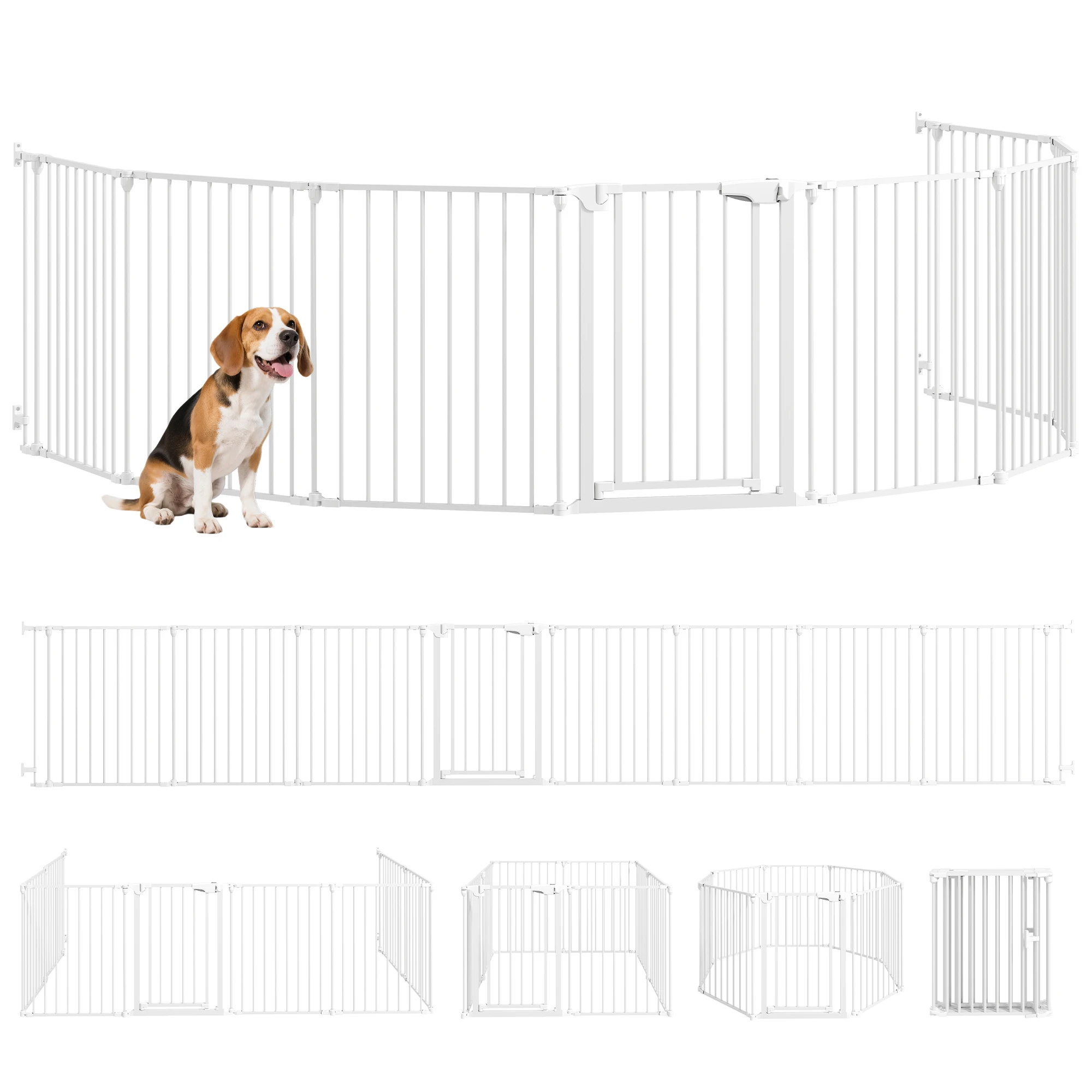 Pawhut BarrièRe Pour Chien Pliable, 8 Panneaux, Porte De ClôTure Pour Animaux De Compagnie Avec Double Serrure Pour Escaliers, Couloir, Blanc-image