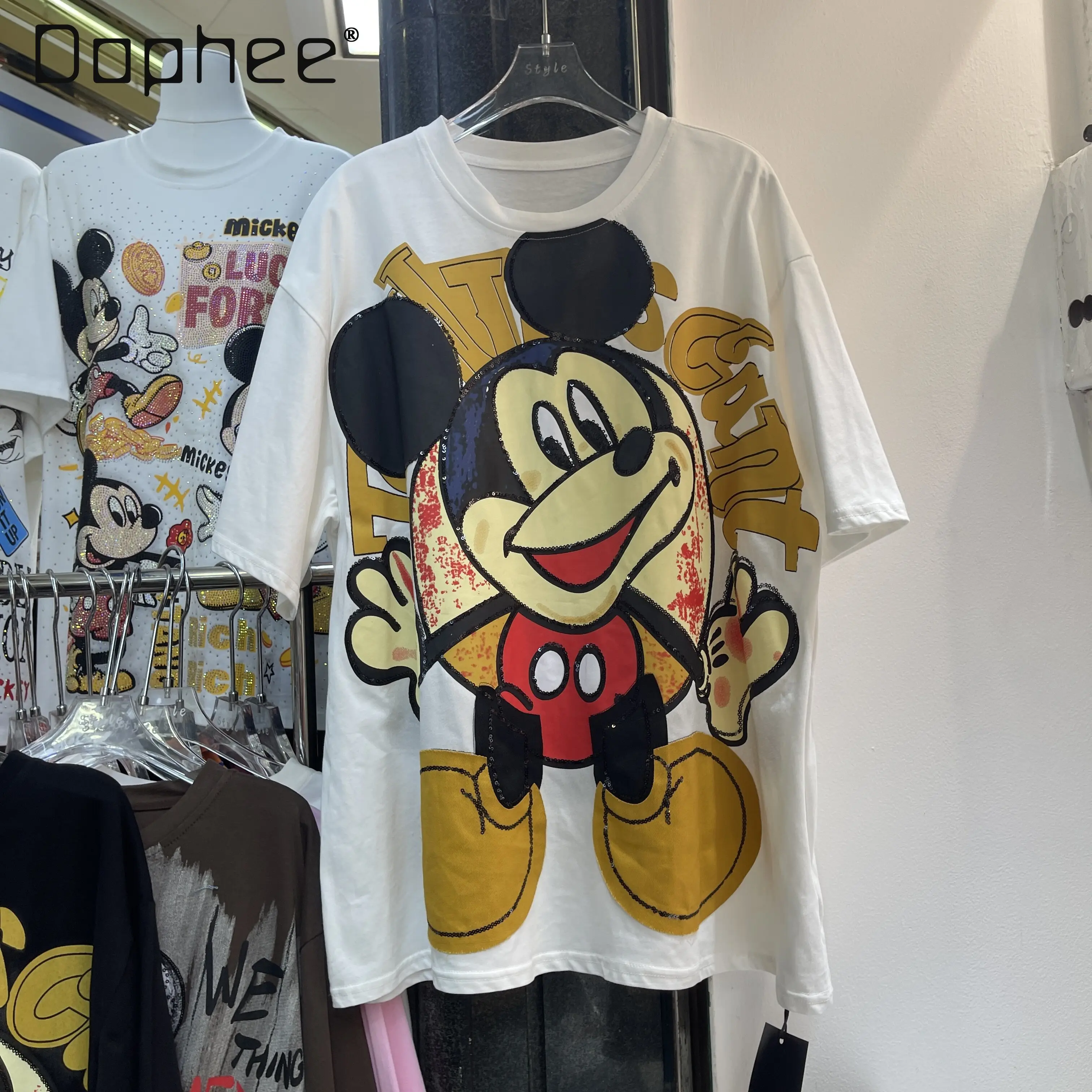 

Trendy Brand Women's Spring New Cotton Heavy Industry Short-sleeved T-shirt Sequine Loose Large Version T-Shirt