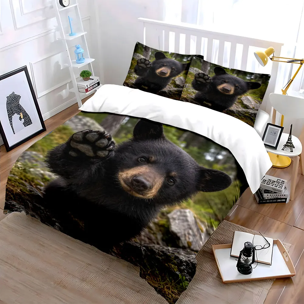 Bear Cub Raising Paw in Forest Printed Duvet Cover Set1 Duvet Cover+2 PillowcaseMulti Size Bedroom Bedding Decor Luxury Gift