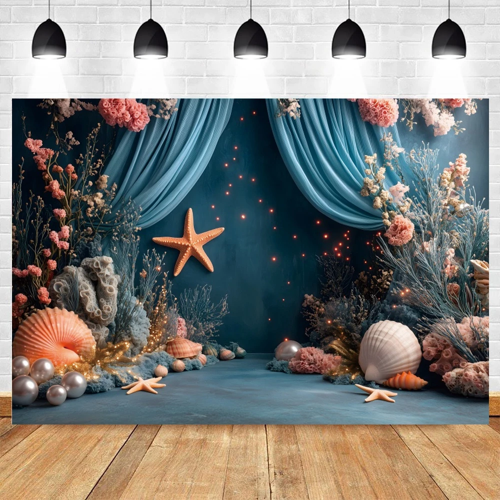 Blue Underwater World Scene Backdrop Starfish Coral Seaweed Baby Shower Birthday Party Kid Portrait Photography Background Decor