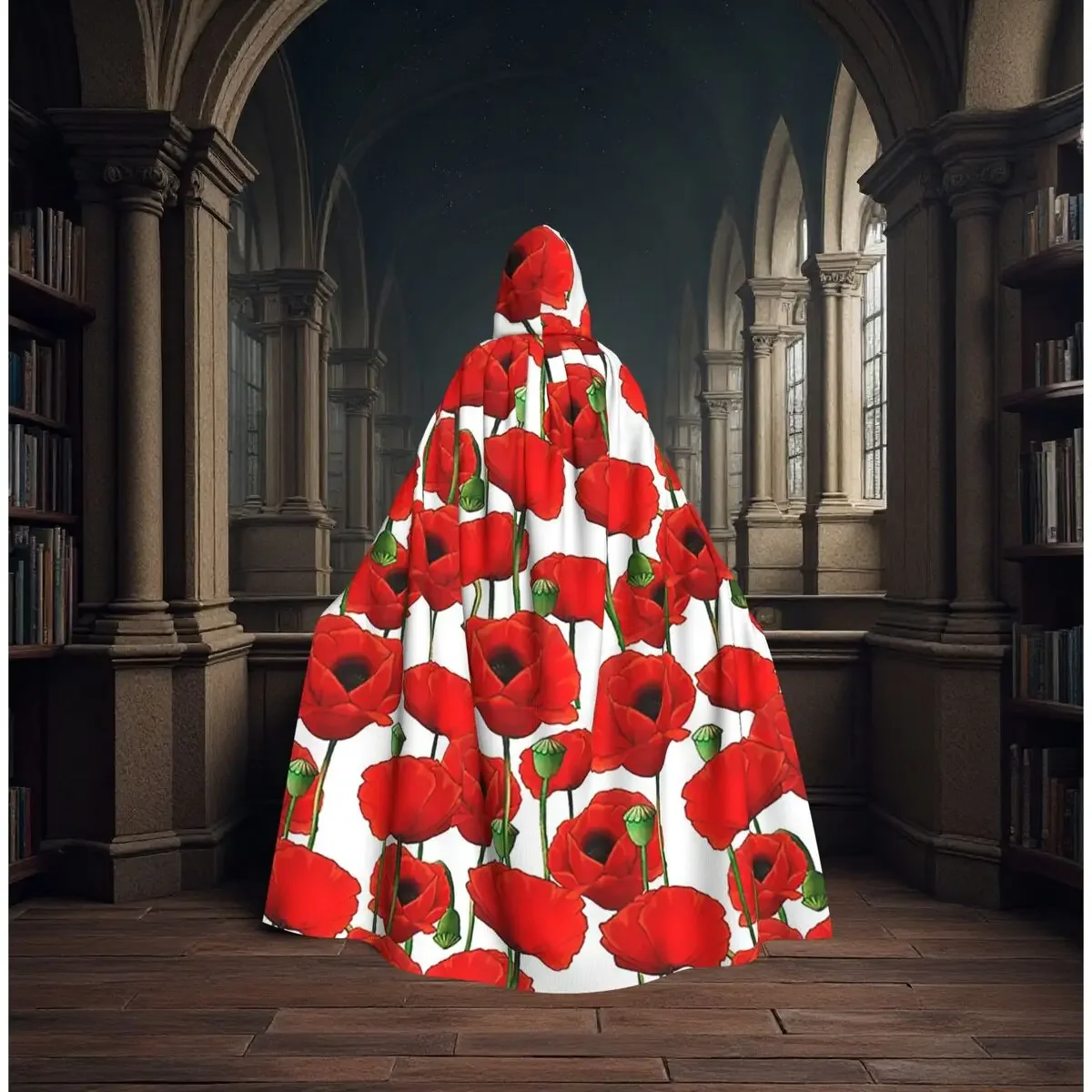 Customization Poppy Pattern Long Hooded Cloak Witch Medieval Costume Cosplay Cape HalloweenVampire Adult Unisex