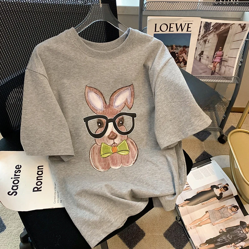 

Pure cotton hemmed collar cartoon short-sleeved T-shirt for women with Korean style trendy loose lazy style spring top ins style