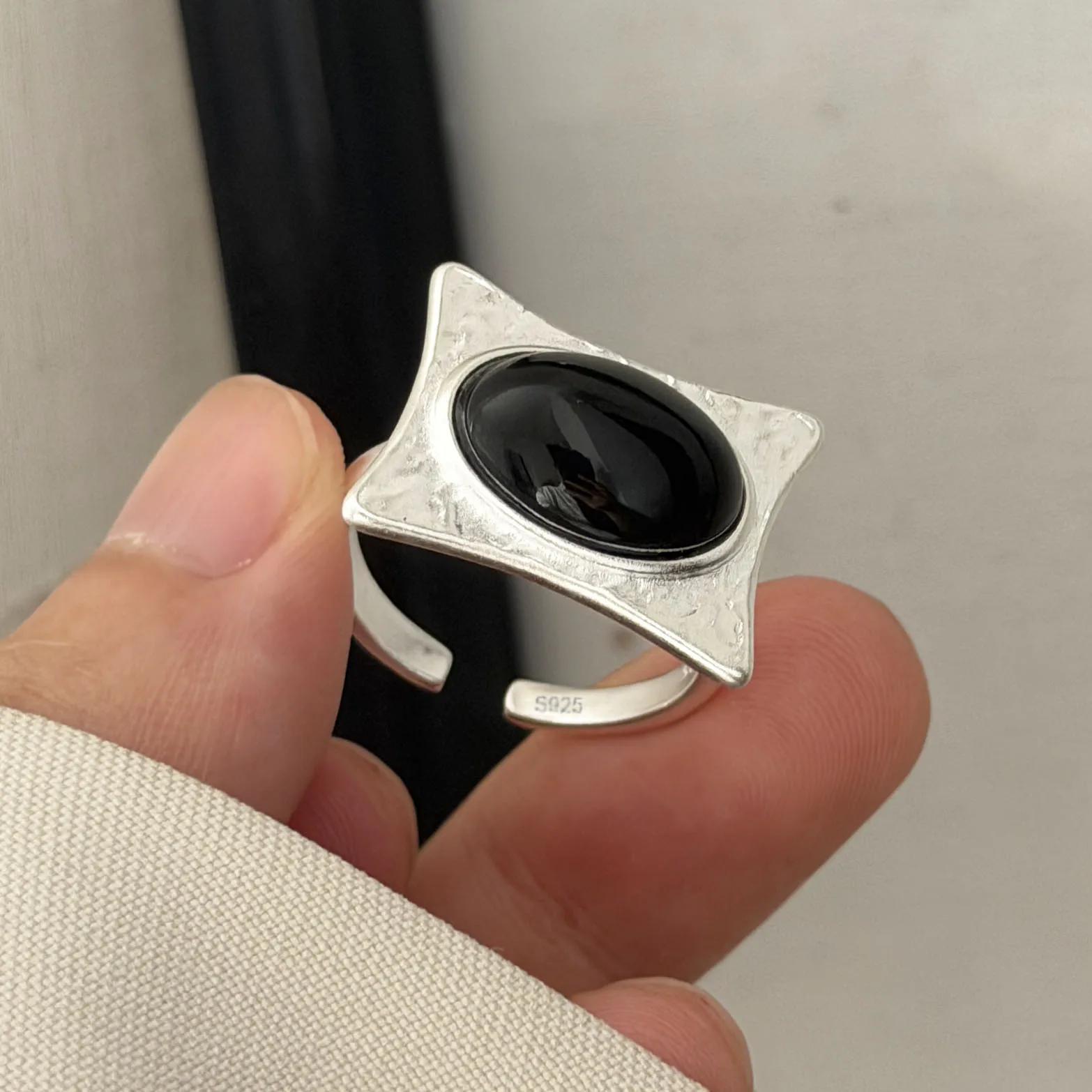 BF CLUB 925 Sterling Silver Ring For Women Jewelry Black Stone Retro Open Vintage Handmade Ring Allergy For Party Birthday Gift