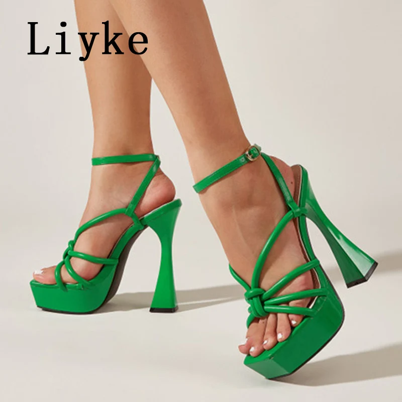 Liyke Size 41 Sexy 14CM Strange High Heels Platform Sandals Women Summer Fashion Open Toe Ankle Strap Ladies Party Dress Shoes