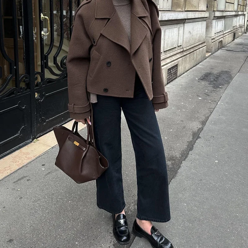 Autumn Brown Retro Woolen Coat Turn-down Collar Casual Jacket New Fashion Slim Fit Woolen Coat 2024 High Street Lady Outerwear