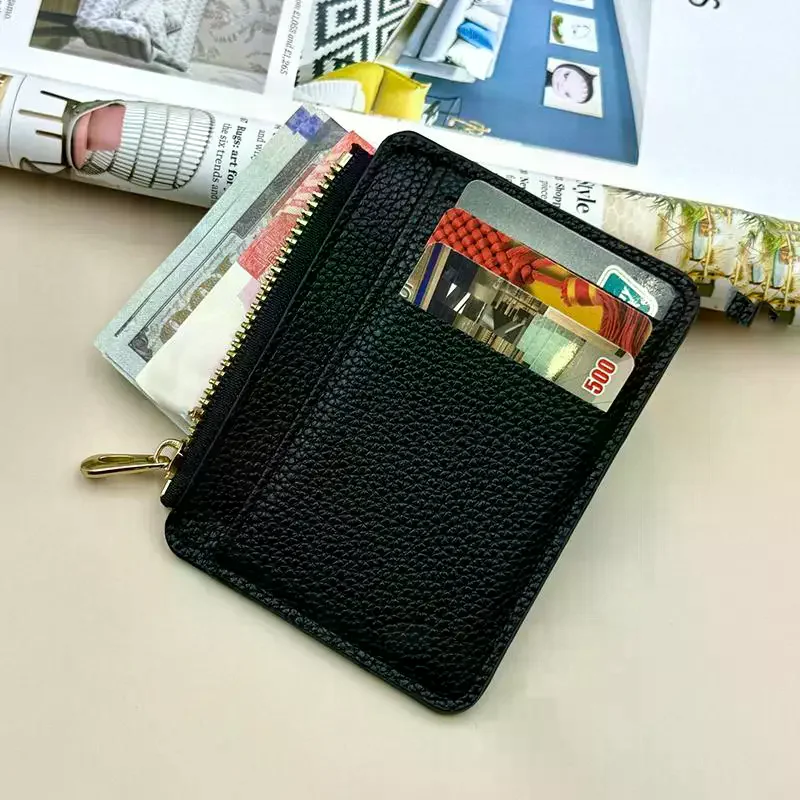Creative Zipper Card Bag With Large Capacity, Ultra-thin And Multi Slot Lychee Pattern Coin Wallet