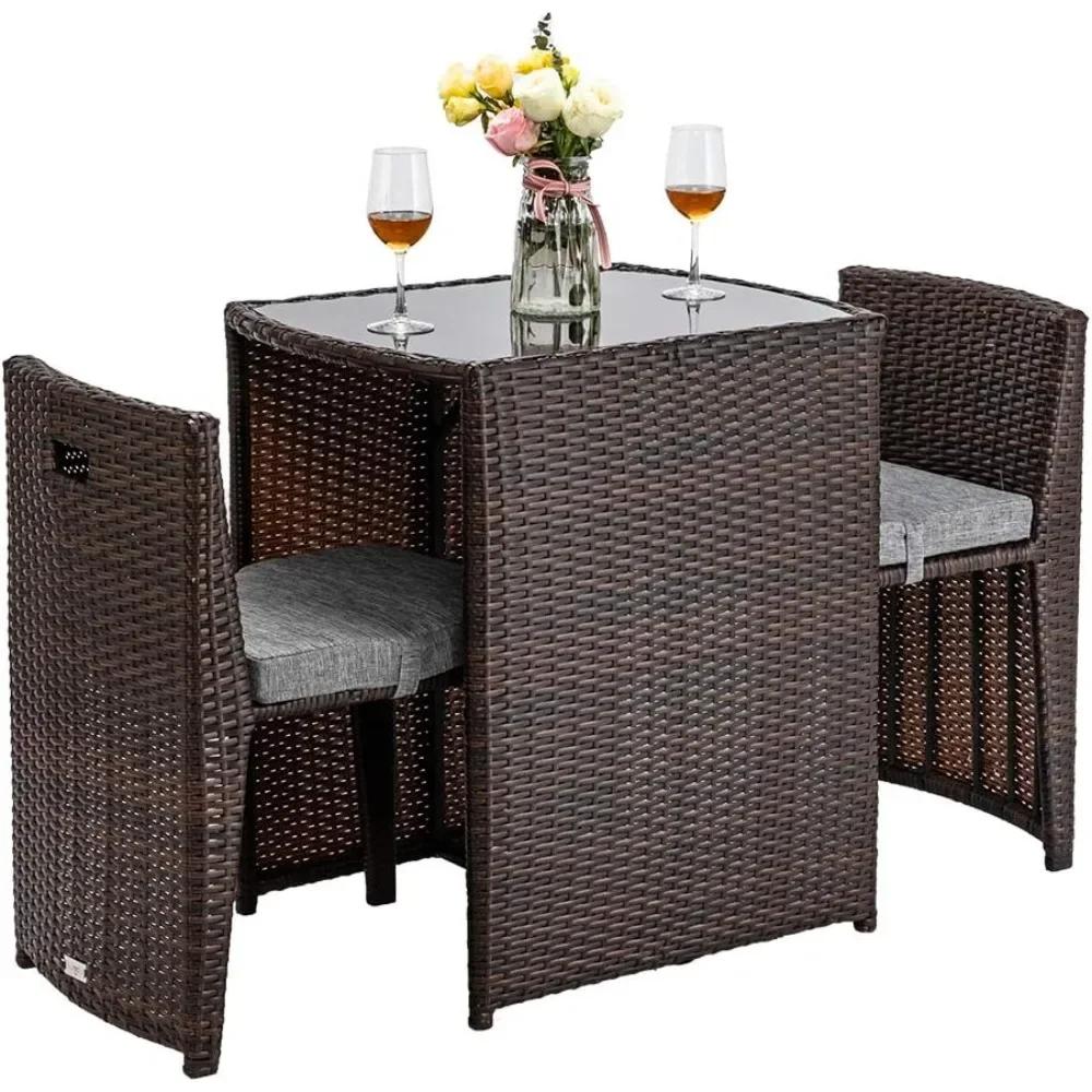 

3 PCS Wicker Outdoor Patio Bistro Set Patio Furniture Set For Small Space With Glass Top Table Dining Chairs Balcony Fu