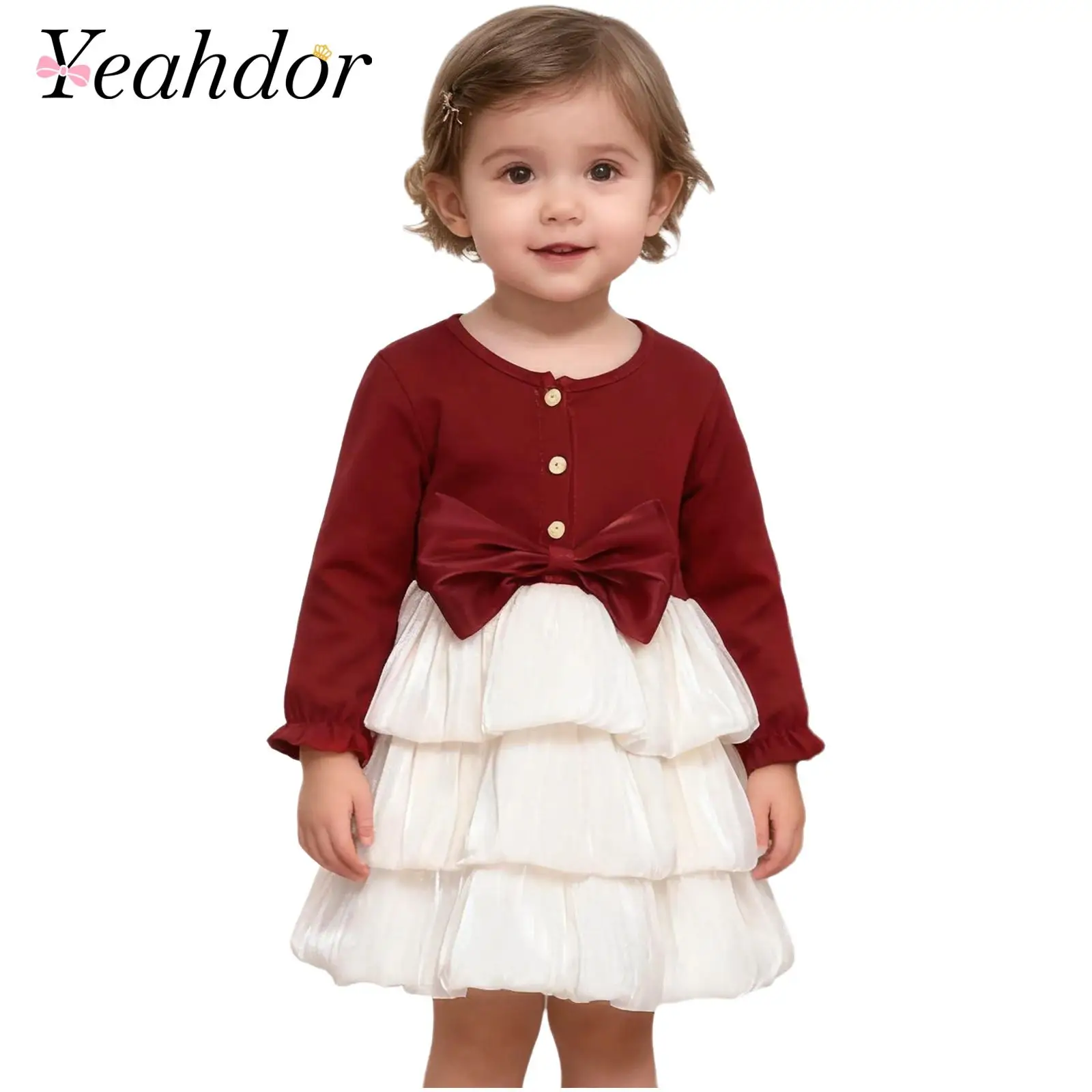 

Платье для маленьких девочек, детское платье с длинными рукавами, многоуровневое пышное платье трапециевидной формы для дня рождения, крестин, новогодние праздничные платья