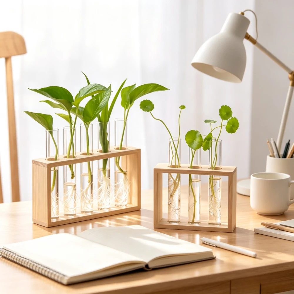 Hydroponic Plant Propagation Station Clear Glass Test Tube Vase with Wooden Frame Desktop Window Home Gardening Decoration