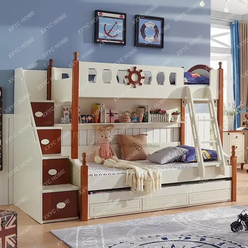 Nordic Style Modern Small Apartment Home Children\'s Two-Layer Bed With Drawers Convertible Combination Kid’s Wood Bunk Bed Boys