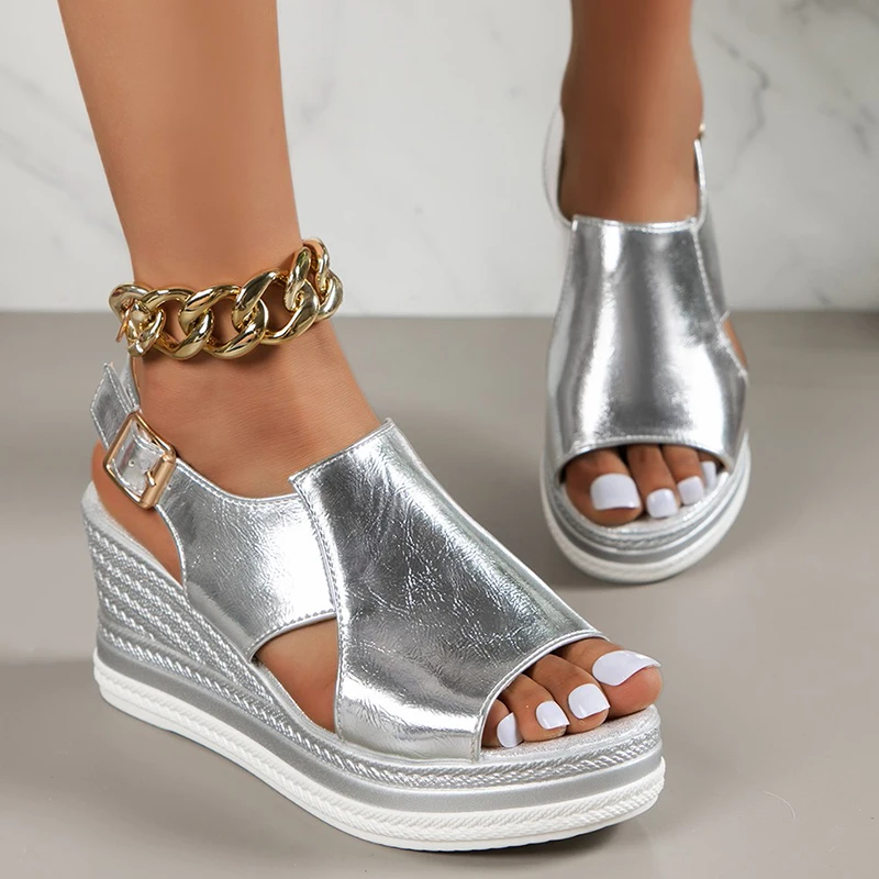 Gold Silver PU Leather Wedge Sandals for Women 2024 Summer Peep Toe Platform Sandles Woman Plus Size Thick Sole Sandalias Mujer