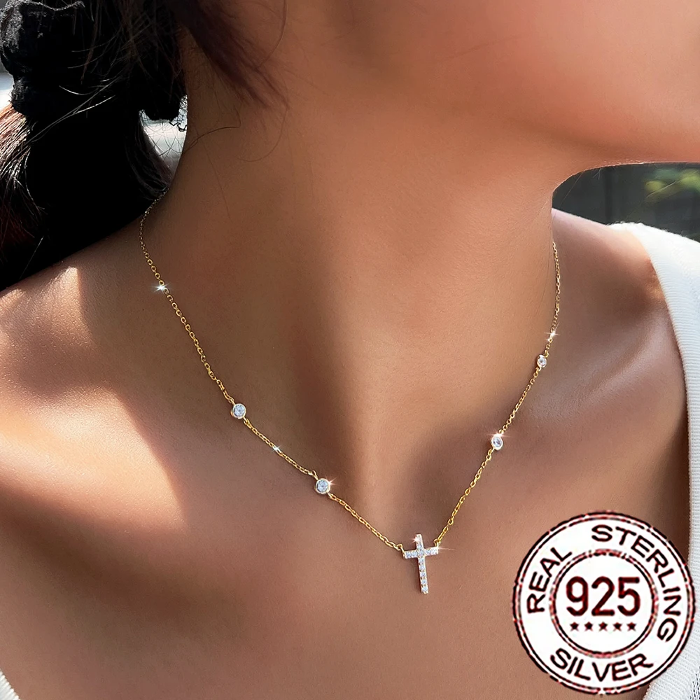 CWWZircons Halskette mit Anhänger aus 925er-Sterlingsilber, eleganter Zirkonia, Kreuzform, für Damen, Jahrestag, edler Schmuck, Geschenk SD057 – Detail 5
